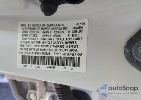 2019 Honda Civic Sport from USA, damaged, VIN 2HGFC2F89KH549223